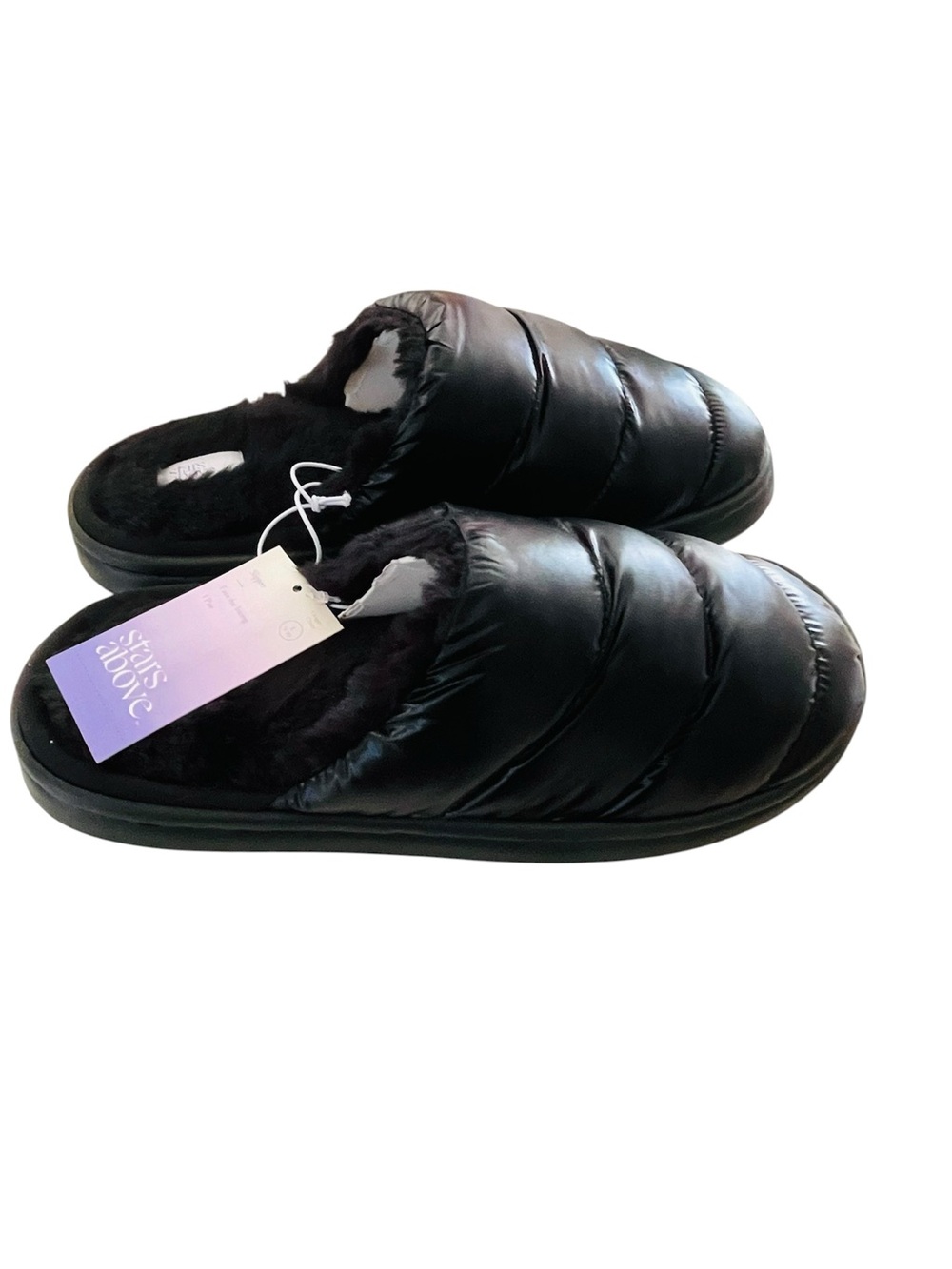 NWT Stars Above Black Quilted Puffer Slide Slippers | Cozy Faux Fur House Shoes